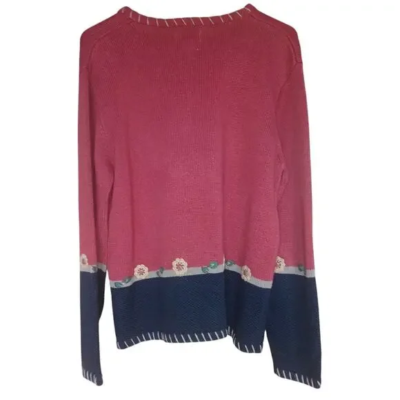 Christopher & Banks Cardigan Womens Large Burgundy Blue Hand Embroidered Flowers - Picture 2 of 6